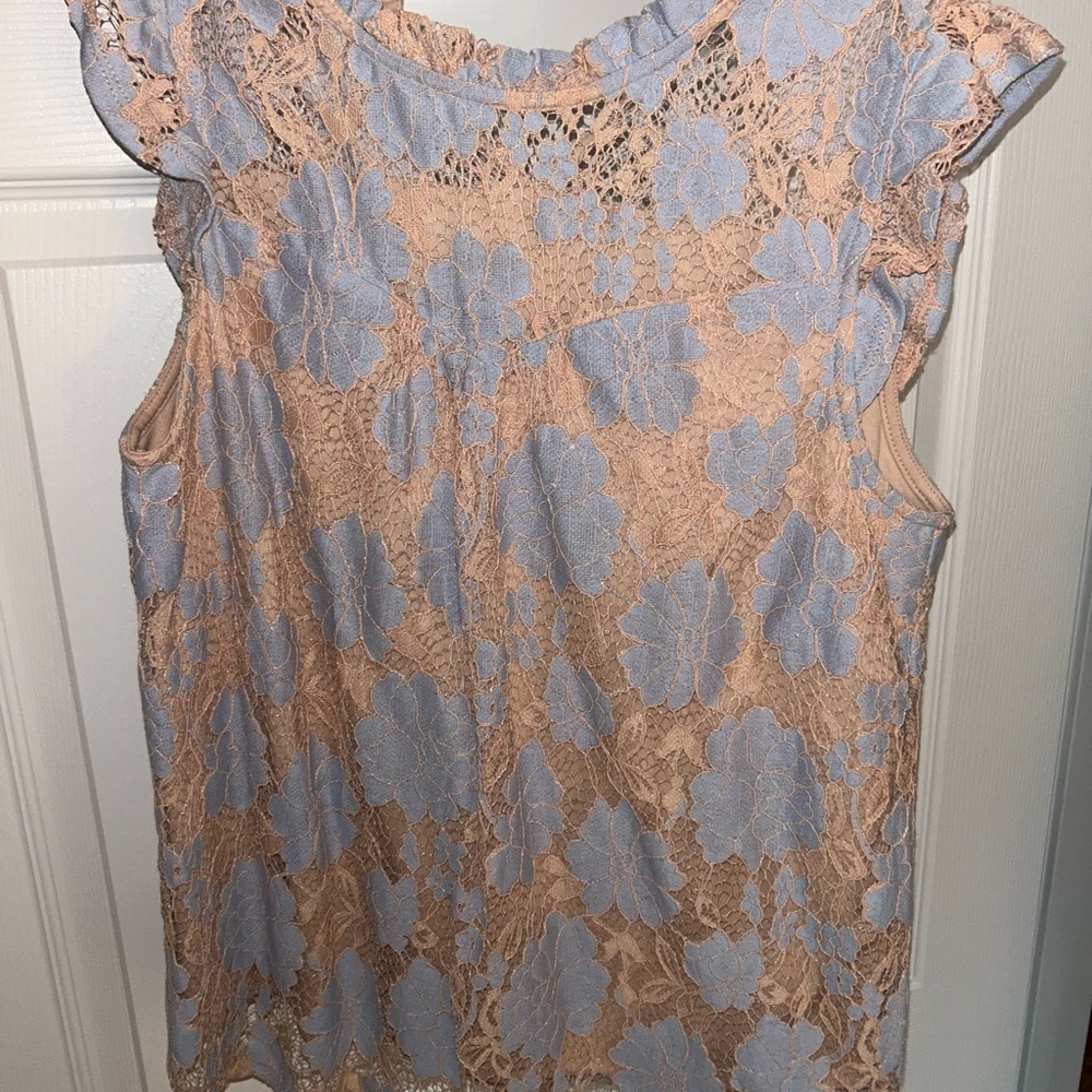 Monteau Blue and Tan Floral Lace Blouse